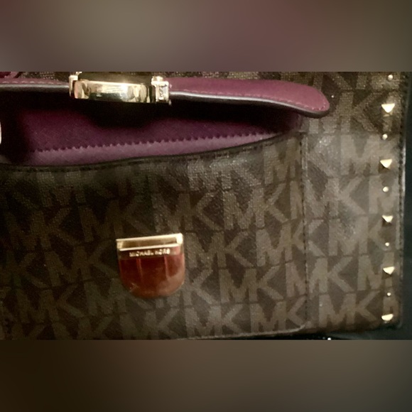 Medium Michael Kors Satchel Purse Brown, Plumb and Gold w/messenger strap - Picture 6 of 6